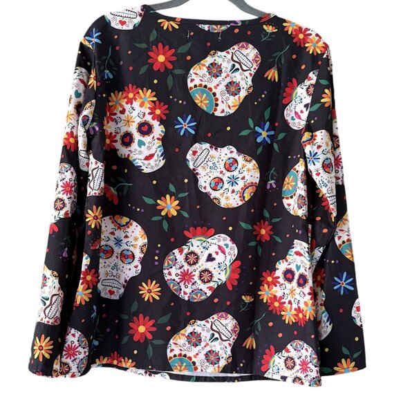 Misslook Women's Black Floral Skull Print V-Neck Long Sleeve Blouse Size S GUC - Picture 4 of 7